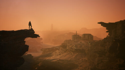 Futuristic Explorer Standing on Martian Cliffside 4K Wallpaper