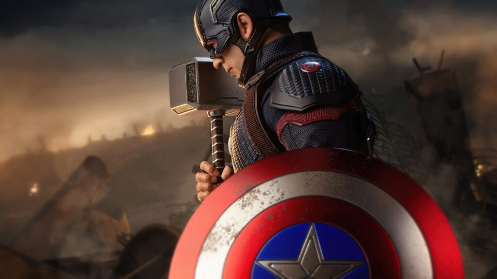 Captain America Holding Mjolnir and Shield Desktop Wallpaper