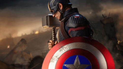 Captain America Holding Mjolnir and Shield Desktop Wallpaper