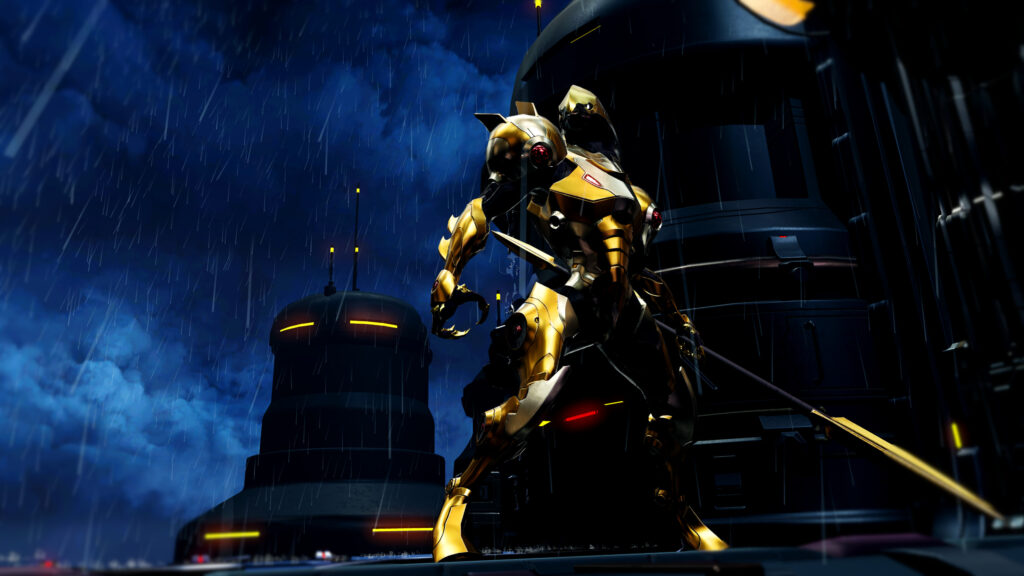Golden Chozo Warrior in the Rain 4K PC Wallpaper