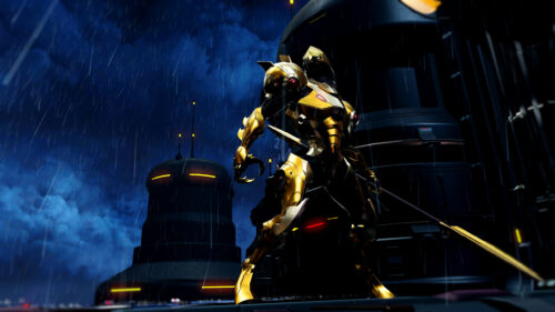 Golden Chozo Warrior in the Rain 4K PC Wallpaper