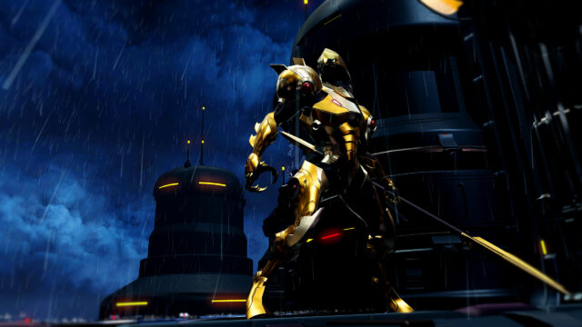 Golden Chozo Warrior in the Rain 4K PC Wallpaper