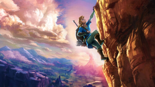 Link Climbing a Mountain in Breath of the Wild Desktop Wallpaper