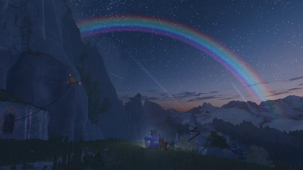 Serene Mountain Nightscape with Double Rainbow Desktop Wallpaper