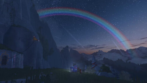 Serene Mountain Nightscape with Double Rainbow Desktop Wallpaper