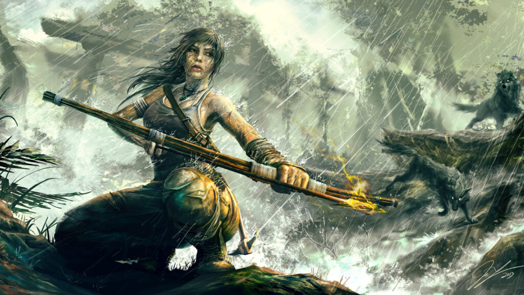 Lara Croft Survival Combat Digital Art Desktop Wallpaper
