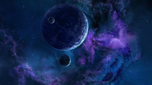 Deep Space Celestial Nebula and Twin Planets Desktop Wallpaper