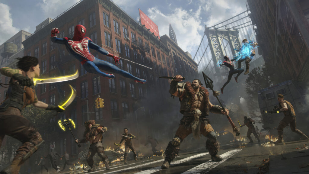 Spider-Man and Miles Morales Battle Kraven 4K Desktop Wallpaper