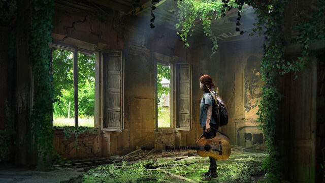 Ellie with Guitar in Overgrown Room Desktop Wallpaper