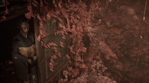Eerie Masked Figure in Crimson Garden Desktop Wallpaper