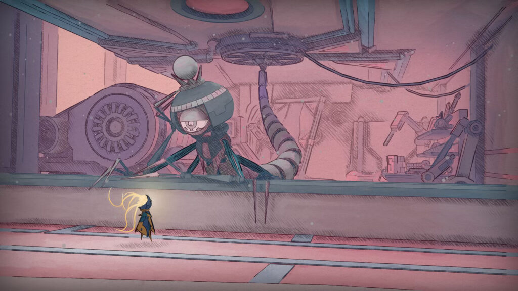 Small Traveler Encountering a Robotic Giant Desktop Wallpaper