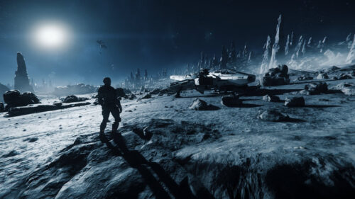 Lone Astronaut and Spaceship on Alien Moon Surface 4K Wallpaper