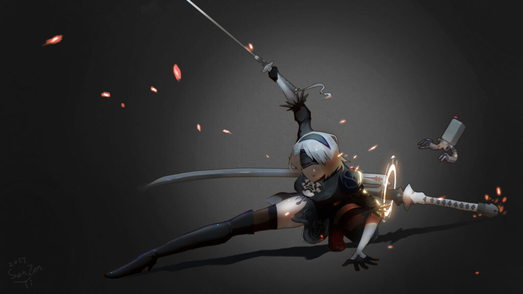 2B Combat Stance Anime Art 4K Desktop Wallpaper