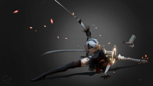 2B Combat Stance Anime Art 4K Desktop Wallpaper