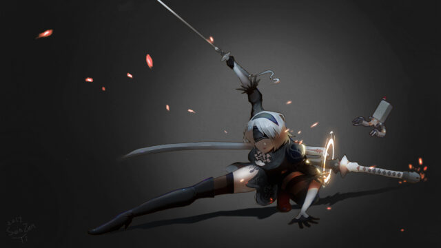 2B Combat Stance Anime Art 4K Desktop Wallpaper