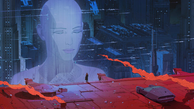 Futuristic Sci-Fi City with Giant Holographic AI Desktop Wallpaper