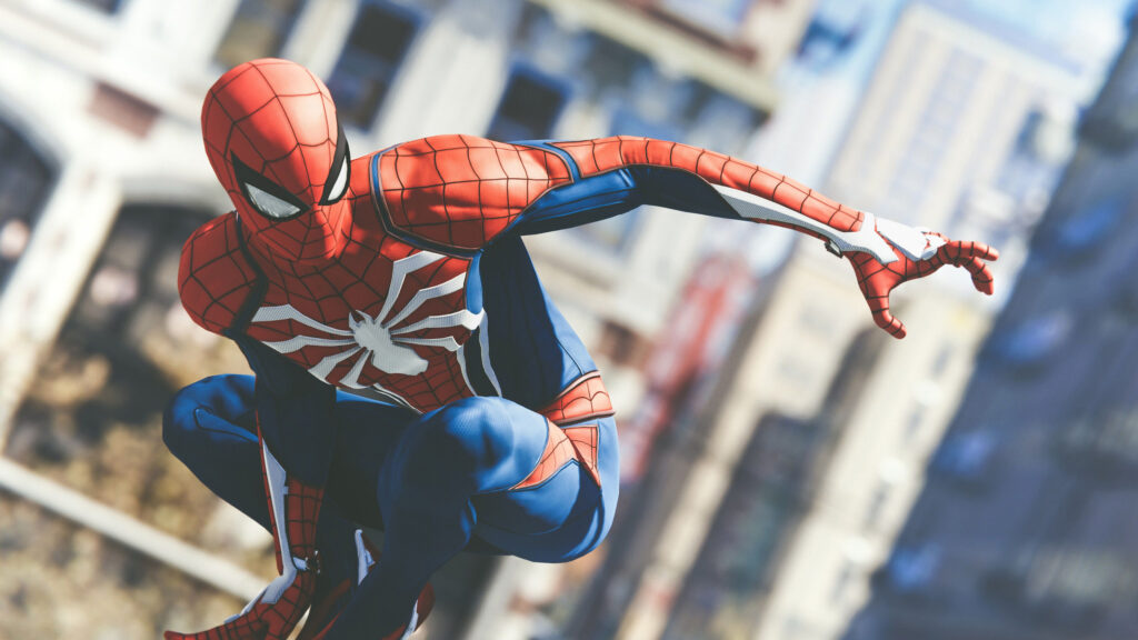 Spider-Man Crouching in City Street Action PC Wallpaper