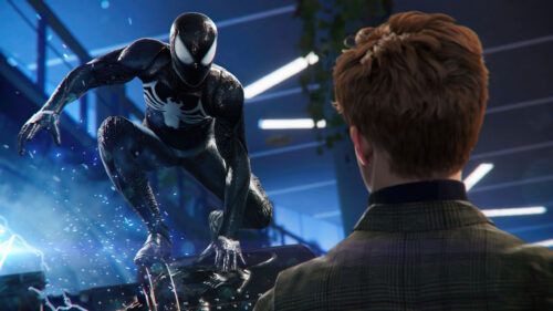 Spider-Man Black Suit Confronting Peter Parker Desktop Wallpaper