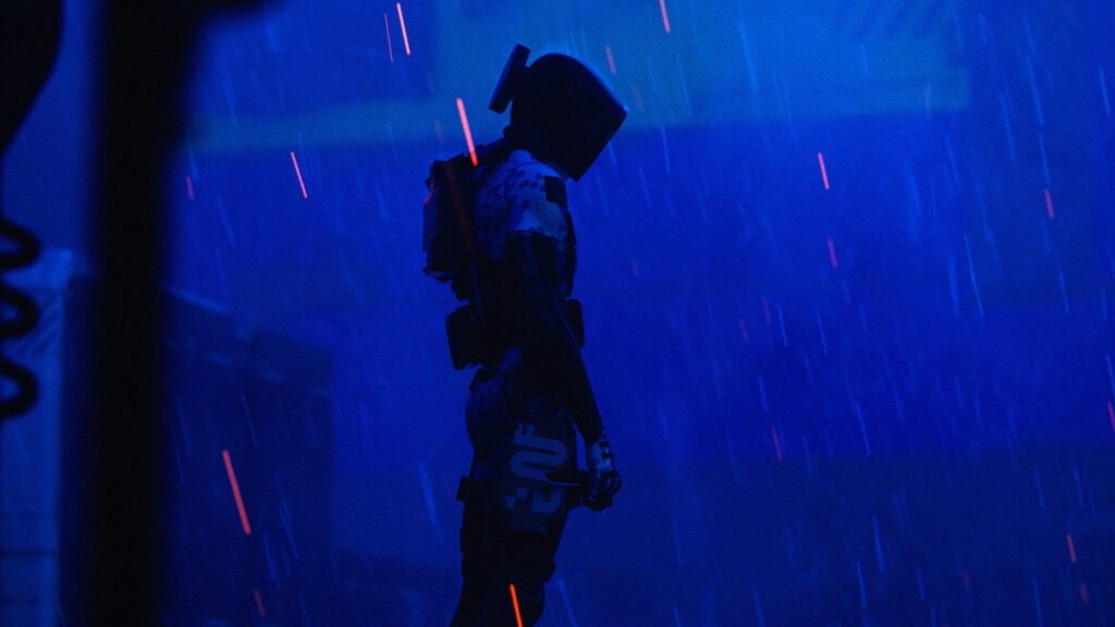 Cyberpunk Futuristic Soldier Standing in the Rain Desktop Wallpaper