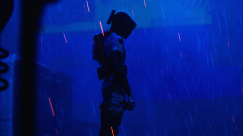Cyberpunk Futuristic Soldier Standing in the Rain Desktop Wallpaper