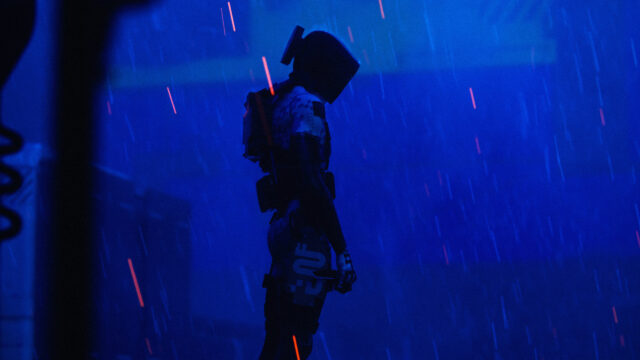 Cyberpunk Futuristic Soldier Standing in the Rain Desktop Wallpaper