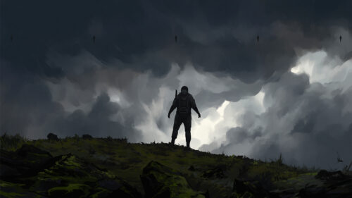 Lone Wanderer Beneath Shadowed Clouds Desktop Wallpaper