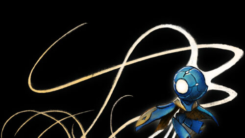 Blue Robotic Figure with Golden Energy Lines Desktop Wallpaper