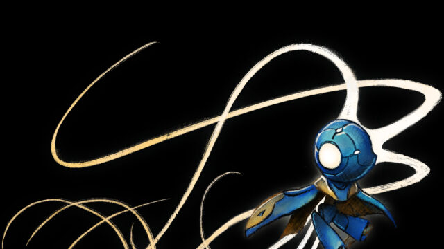 Blue Robotic Figure with Golden Energy Lines Desktop Wallpaper