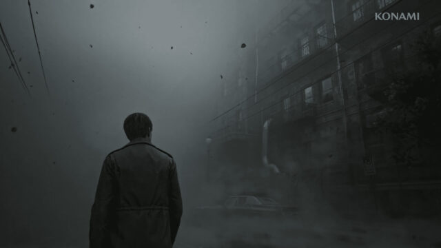 Silent Hill 2 Character Standing in Foggy Street Desktop Wallpaper