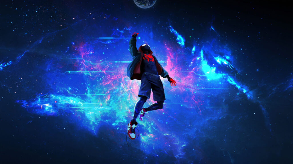 Miles Morales Floating in Neon Cosmic Void 4K Wallpaper
