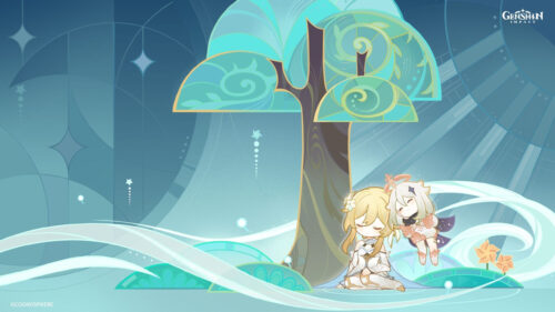 Chibi Lumine and Paimon Resting Desktop Wallpaper