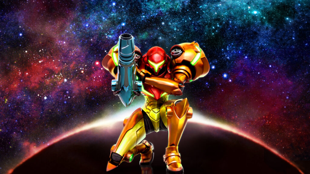 Samus Aran Kneeling in Space Desktop Wallpaper