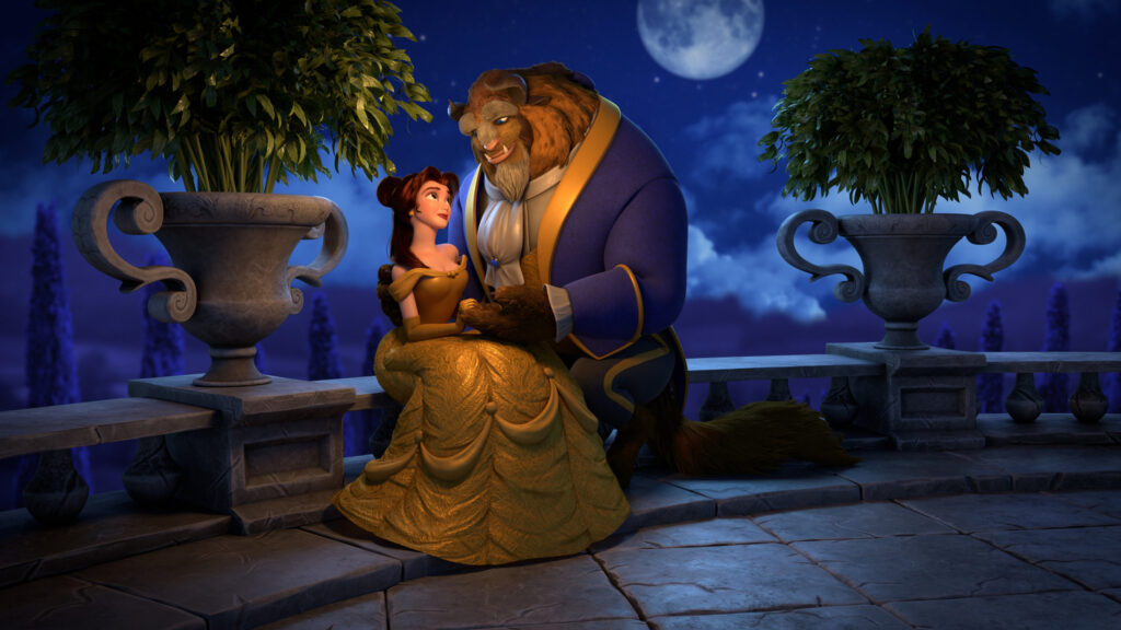 Belle and Beast Romantic Balcony Scene 4K Wallpaper