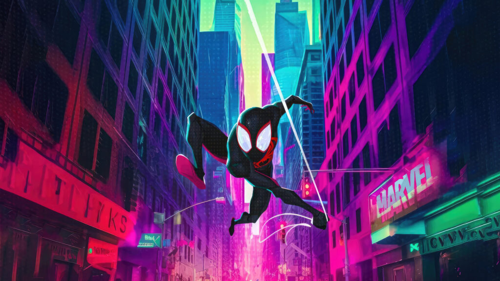 Miles Morales Spiderman Neon Cityscape 4K Desktop Wallpaper