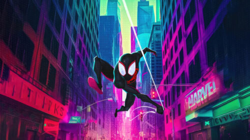 Miles Morales Spiderman Neon Cityscape 4K Desktop Wallpaper
