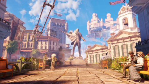 Steampunk City Statue Street View Desktop Wallpaper