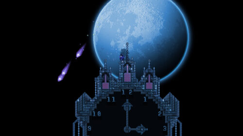 Gothic Clock Tower Under a Giant Moon Desktop Wallpaper