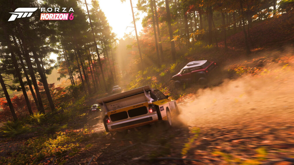 Racing Cars Rally in Autumn Forest Desktop Wallpaper