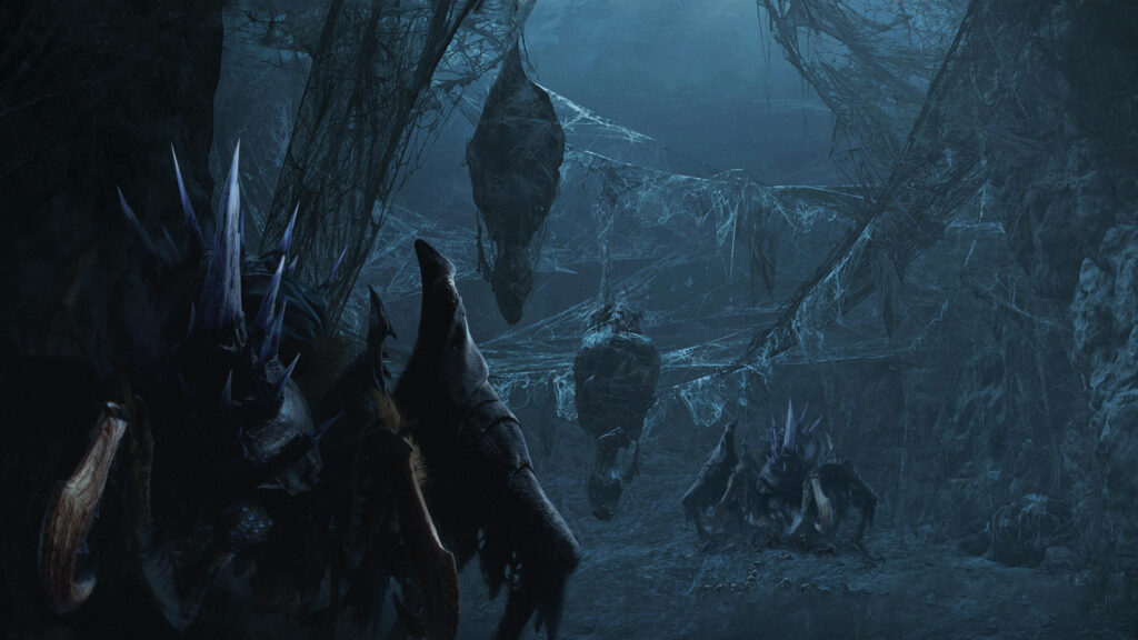 Dark Webbed Monster Cave Fantasy Landscape 4K Wallpaper