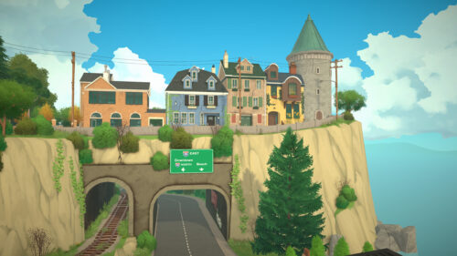 Quaint Cliffside Town Overlooking Highway Desktop Wallpaper