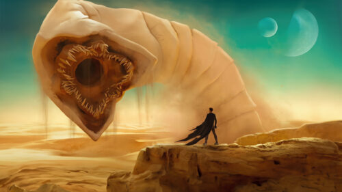 Surreal Sci-Fi Desert Worm Encounter 4K Wallpaper