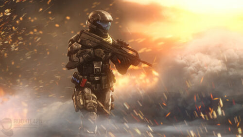 Halo ODST Trooper amidst Battlefire Desktop Wallpaper