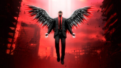 Fallen Angel in Suit Amidst Destruction PC Wallpaper