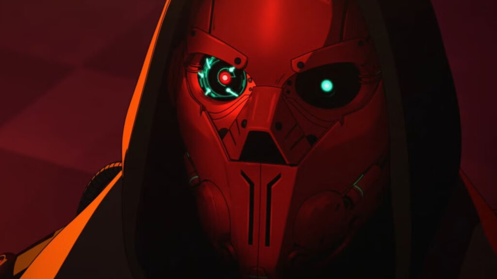 Red Cybernetic Masked Character Dark Sci-Fi Desktop Wallpaper