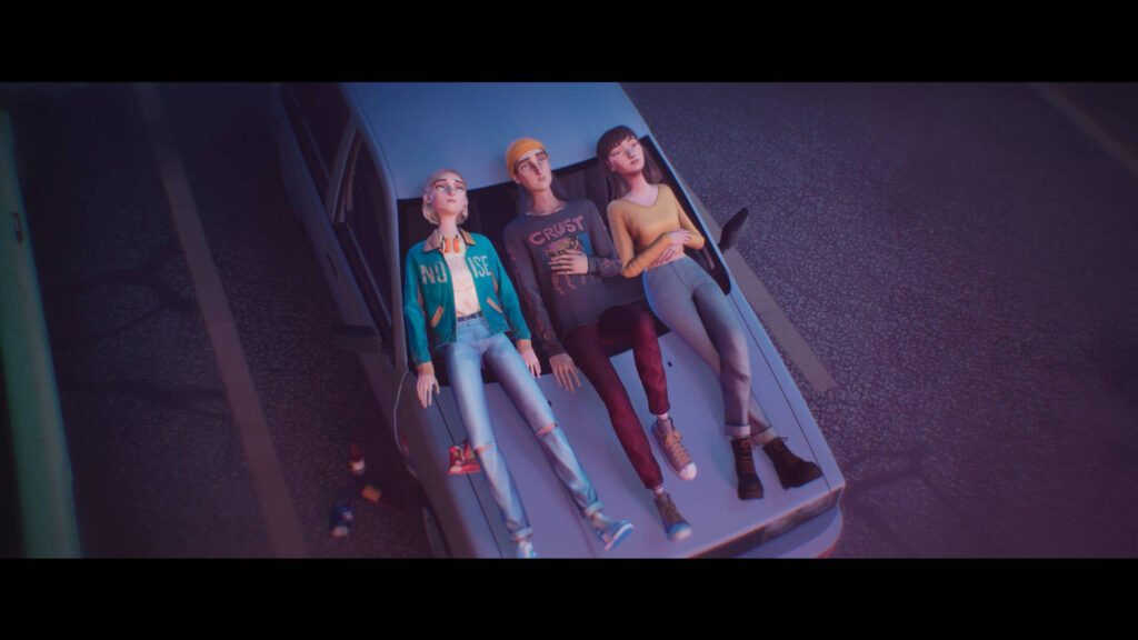 Three Friends Resting on Car Hood Desktop Wallpaper