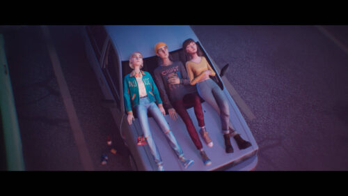 Three Friends Resting on Car Hood Desktop Wallpaper