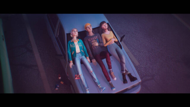 Three Friends Resting on Car Hood Desktop Wallpaper