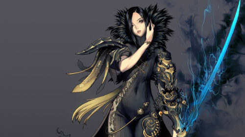 Dark Fantasy Warrior Woman with Glowing Blade Desktop Wallpaper