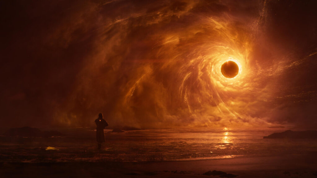 Lone Wanderer Beneath a Celestial Vortex Desktop Wallpaper
