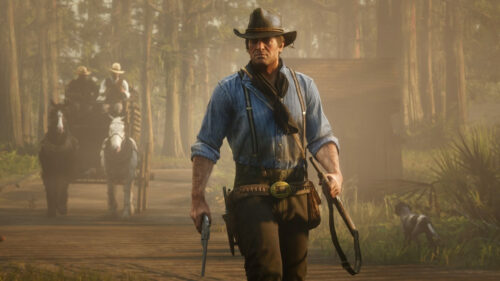 Arthur Morgan Walking Through a Misty Forest Desktop Wallpaper